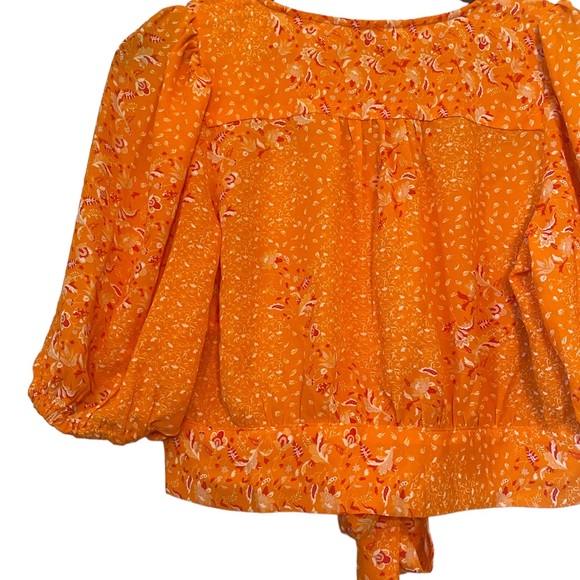 Joie Orange Floral Print Elbow Length Puff Sleeve Crop Top - Picture 7 of 12